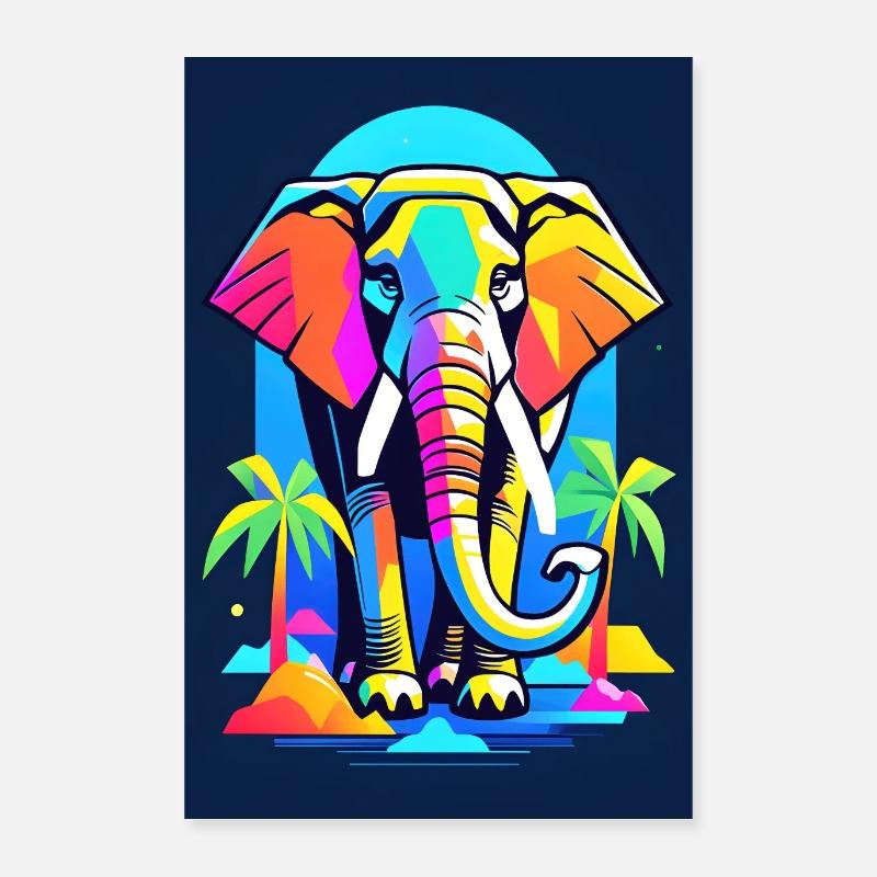 Bunter Elefant im Dschungel Regenbogen Design - Poster 40x60 cm - Weiß