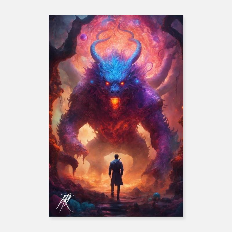 "Confrontation Intemporelle" Demon and man Poster 40 x 60 cm