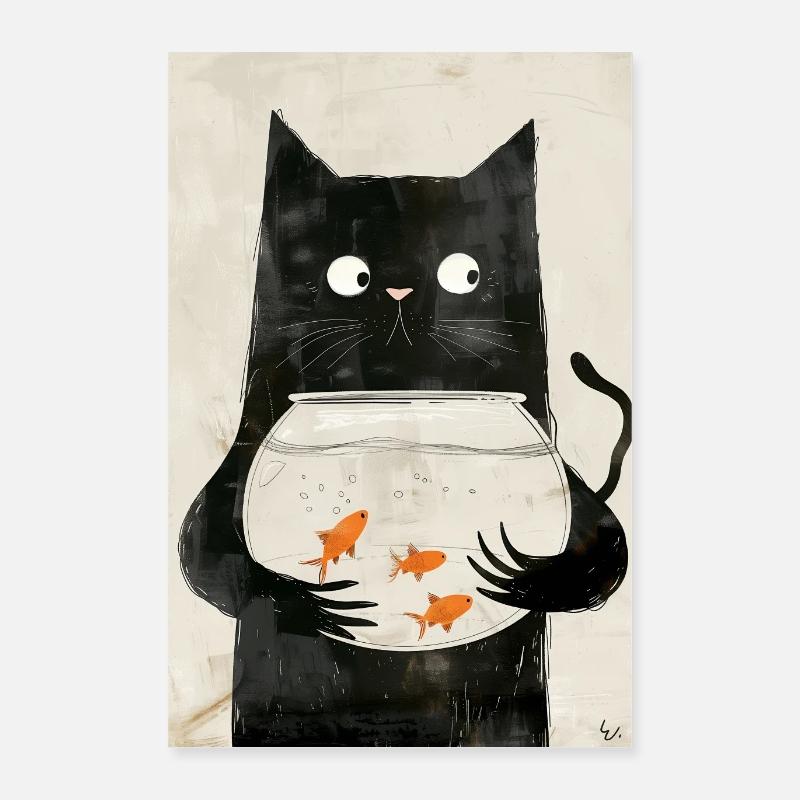 Chat noir avec poisson rouge - Poster 40 x 60 cm - blanc