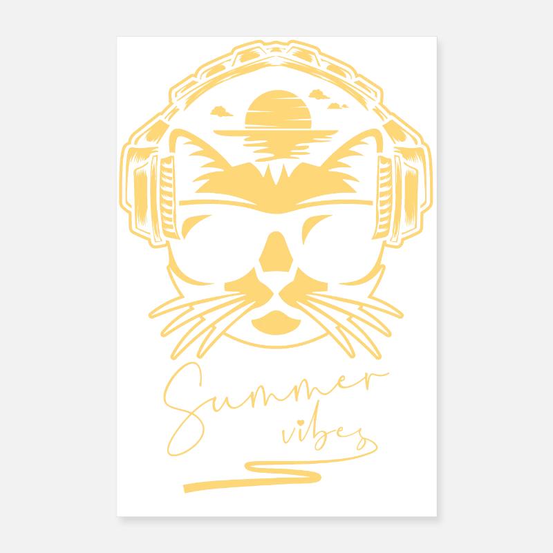 Sommer Summer Vibes Katze, Kopfhörer, Strand, Meer Poster 40x60 cm