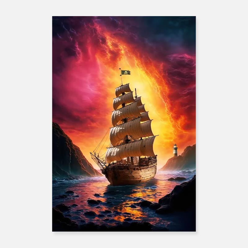 Bateau pirate à la porte du feu Poster 40 x 60 cm