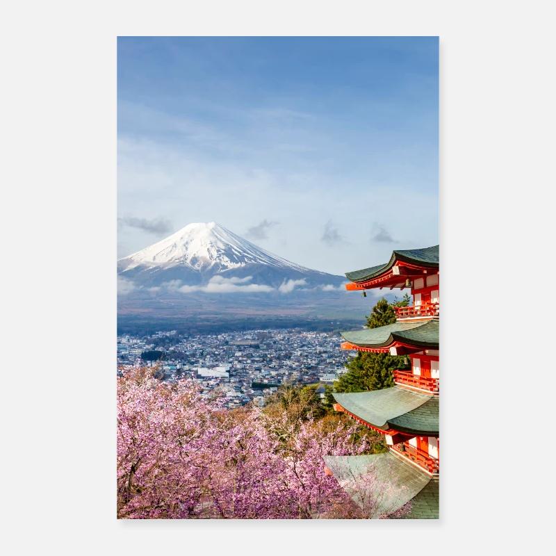Magnifique mont Fuji avec pagode Chureito pour la fleur de cerisier - Poster 40 x 60 cm - blanc