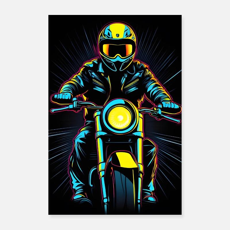 Neonfahrer auf Motorrad - Poster 40x60 cm - Weiß
