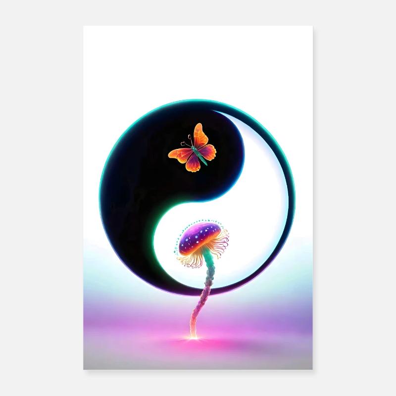 Yin Yang Champignon & Papillon - Poster 40 x 60 cm - blanc