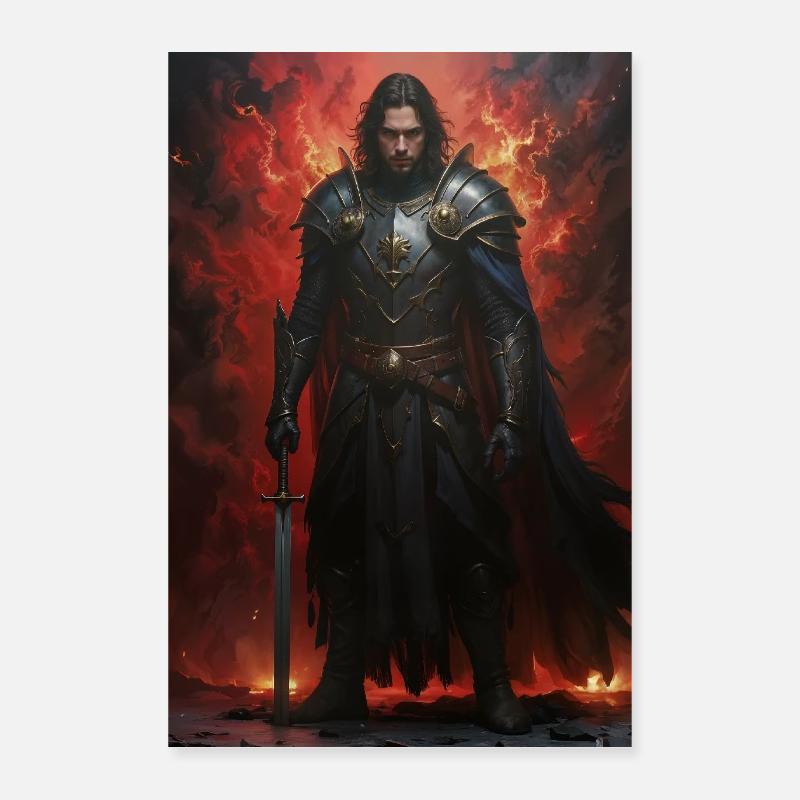 Chevalier devant une mer de flammes - Poster 40 x 60 cm - blanc
