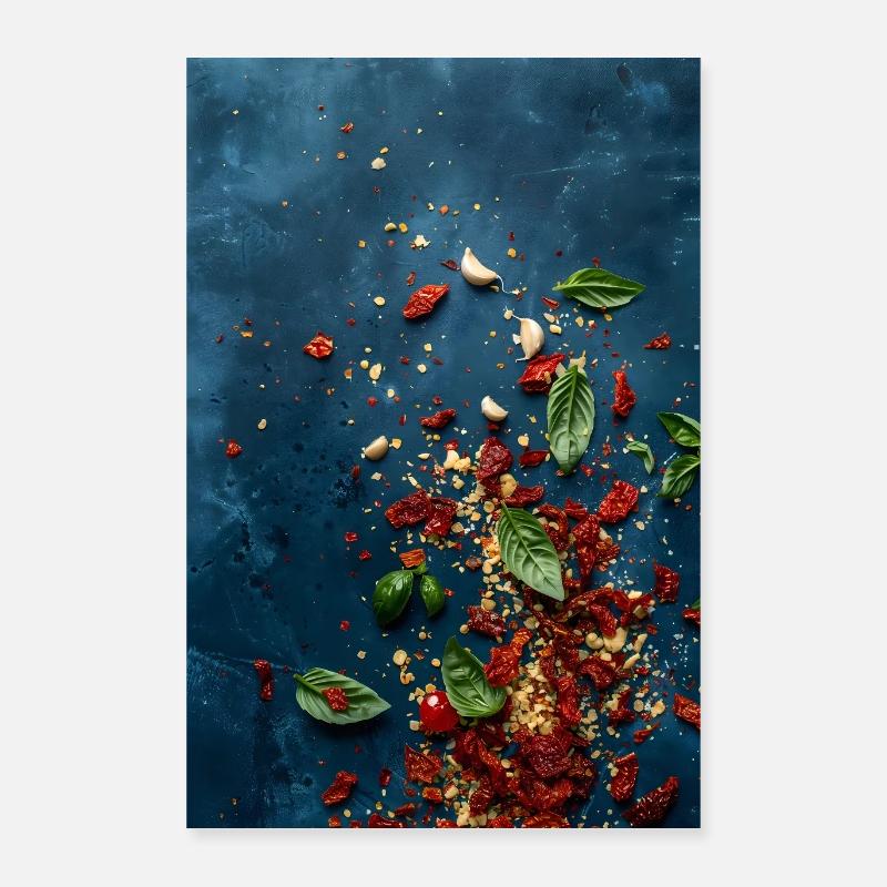 Basilikum Tomaten Knoblauch Blau Poster 40x60 cm