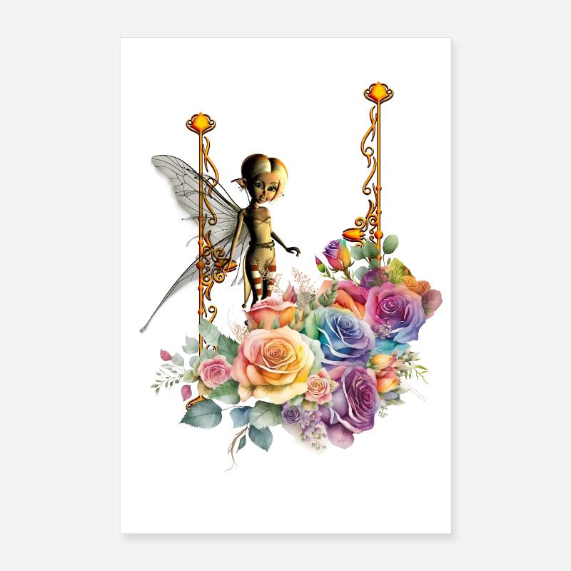 Fée mignonne avec des roses colorées Poster 40 x 60 cm