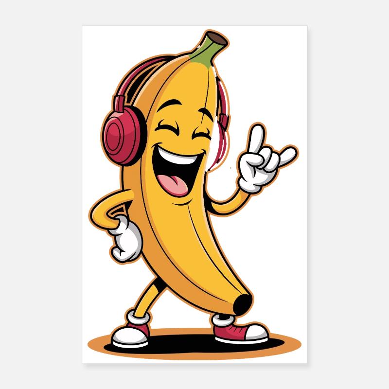Banane joyeuse avec des écouteurs et une main de pierre Poster 40 x 60 cm