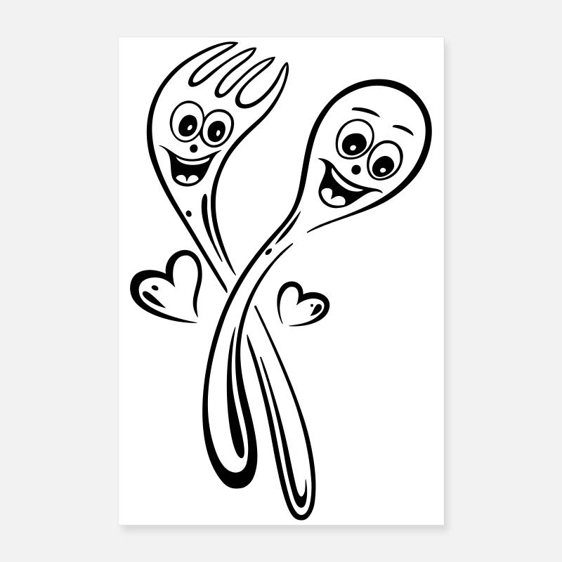 Cuillère et une fourchette avec des coeurs Poster 40 x 60 cm