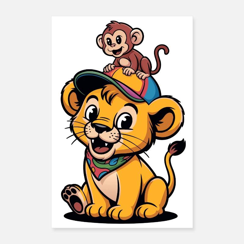 Cute Lion and Monkey – Best Friends Poster 16" x 24" (40x60 cm)