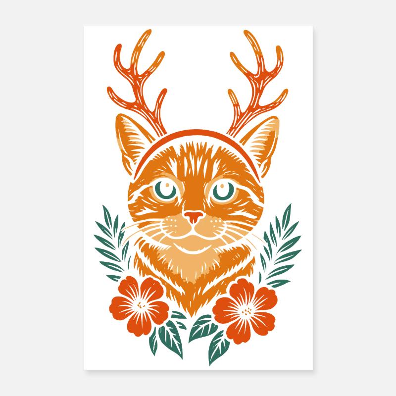 Cerf chat avec couronne de fleurs Poster 40 x 60 cm