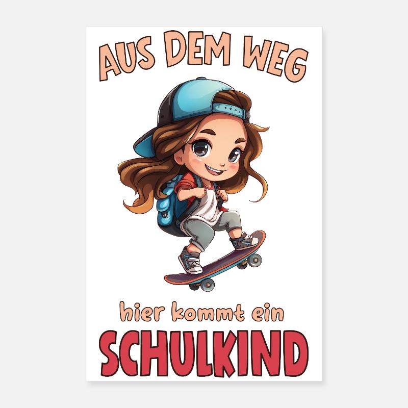 Schulkind Skateboard Cartoon Mädchen Poster 40x60 cm