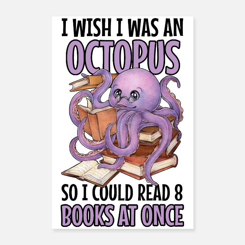 Reading Octopus in Stack of Books Book Gift Poster 16" x 24" (40x60 cm)