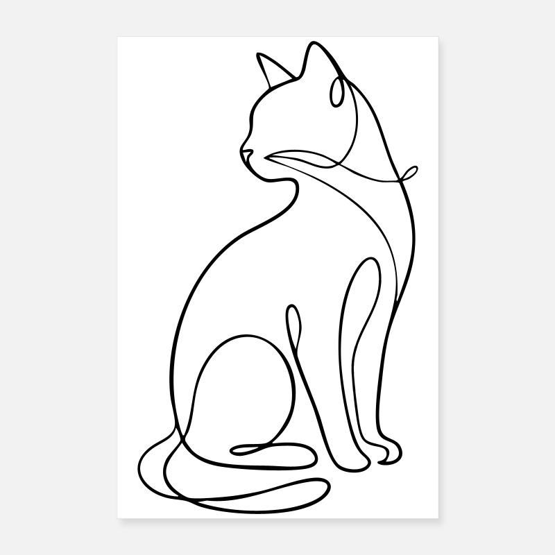 Silhouette du chat assis à une ligne Poster 40 x 60 cm