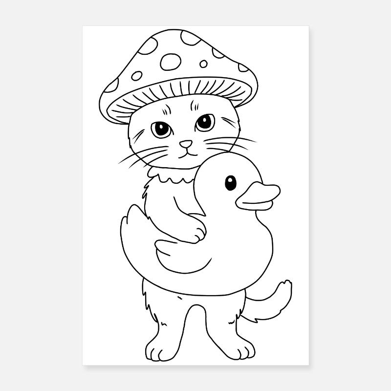 chat champignon avec canard Poster 40 x 60 cm