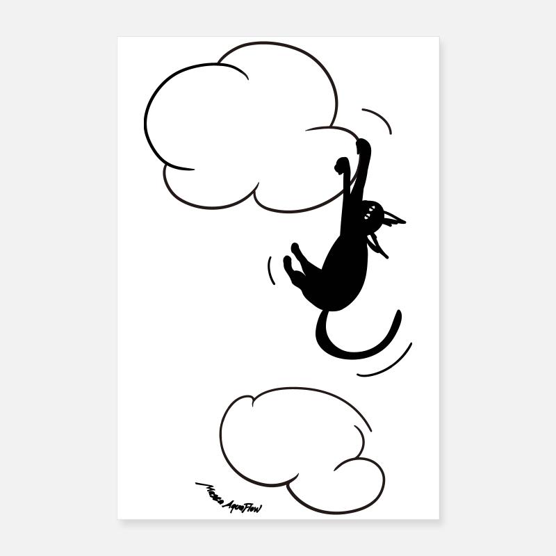 Schwarze Katze hängt an einer Wolke. Poster 40x60 cm