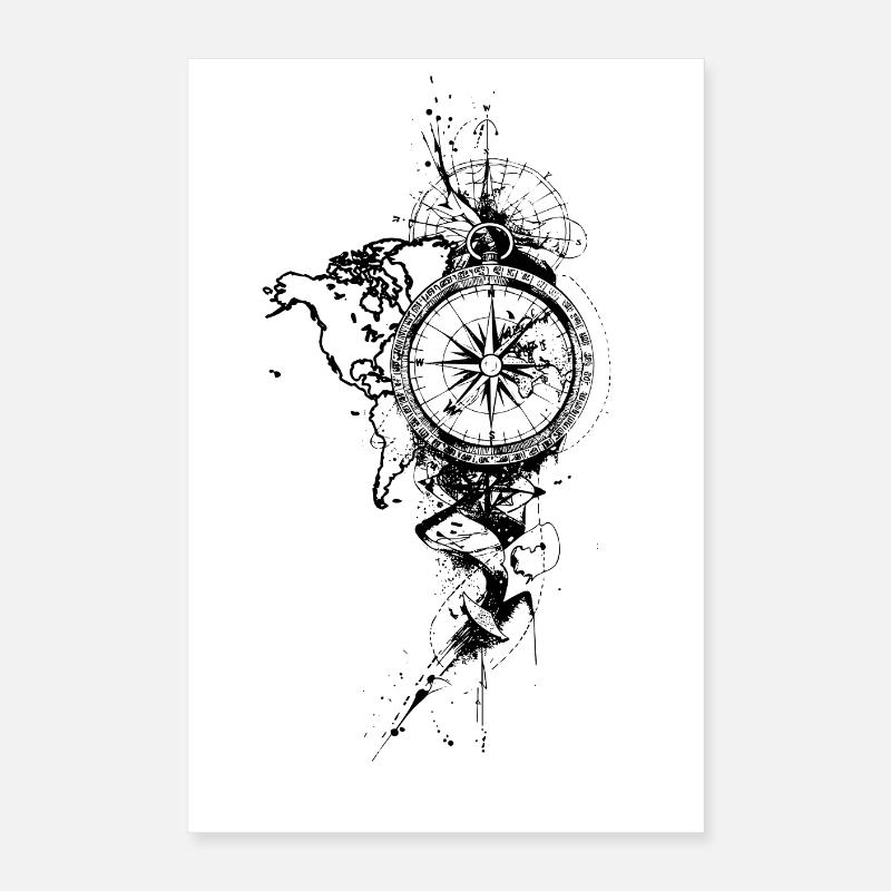 Compass Black Map Poster 16" x 24" (40x60 cm)