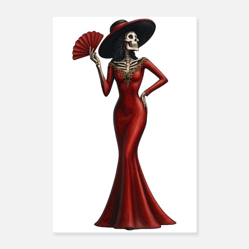 Diva squelette en robe de soirée rouge Poster 40 x 60 cm