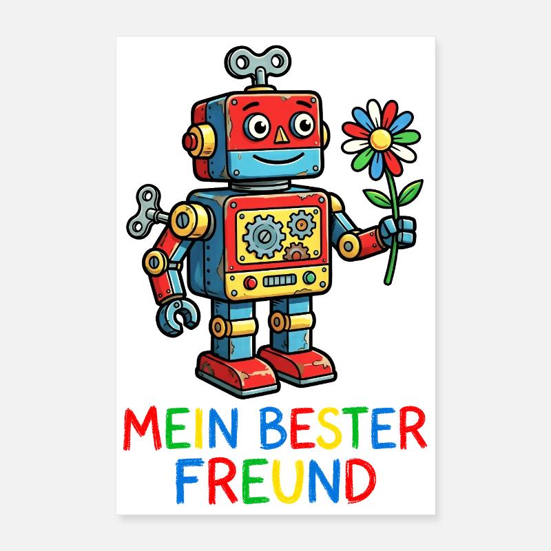 Farbenfroher Roboterfreund mit Blume Poster 40x60 cm