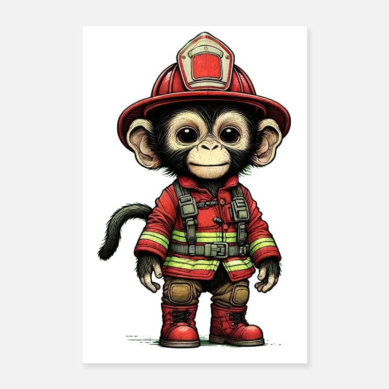 Petit singe pompier avec tenue Poster 40 x 60 cm