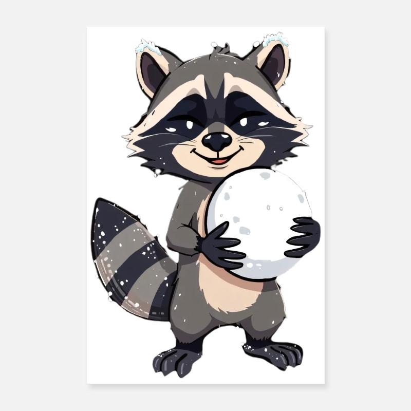 Waschbär mit grossem Schneeball Poster 40x60 cm