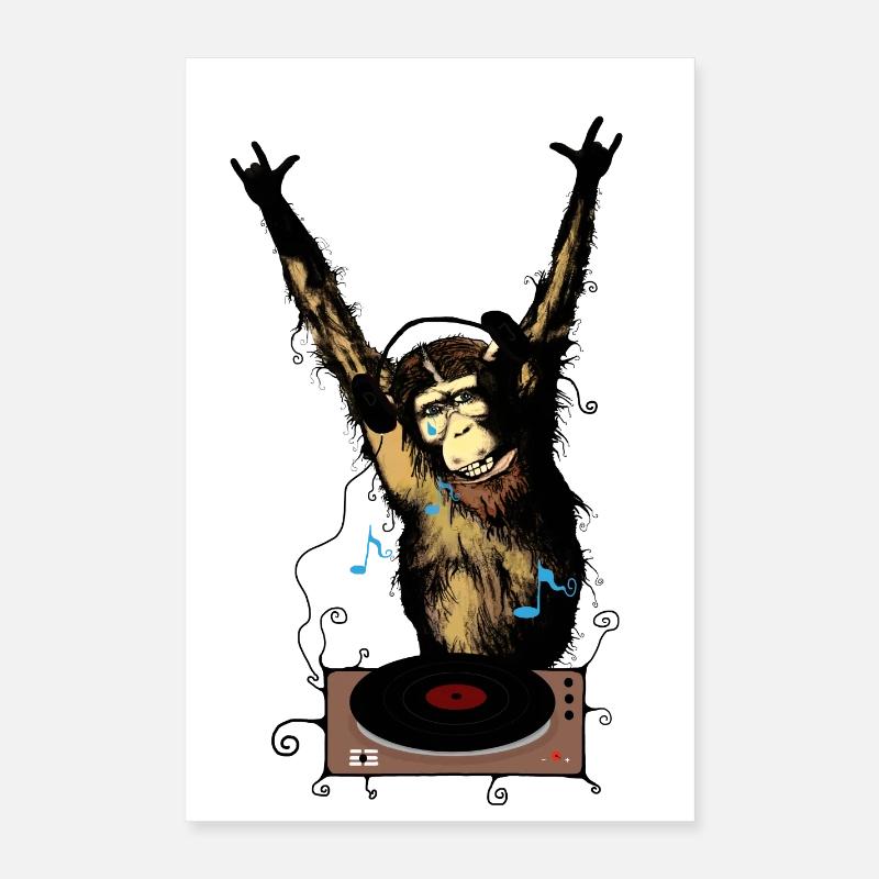 Humorous monkey with DJ gear Poster 16" x 24" (40x60 cm)