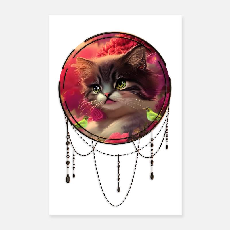 Süßes Kätzchen mit Vögeln Poster 40x60 cm