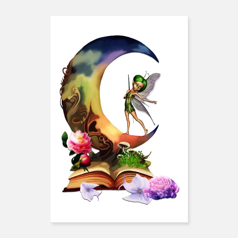 Fée sur la lune sortant du livre Poster 40 x 60 cm
