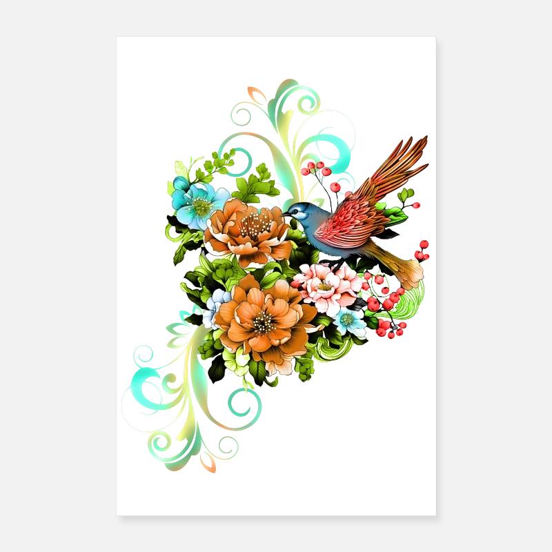 Merveilleuses fleurs élégantes avec oiseau. Poster 40 x 60 cm