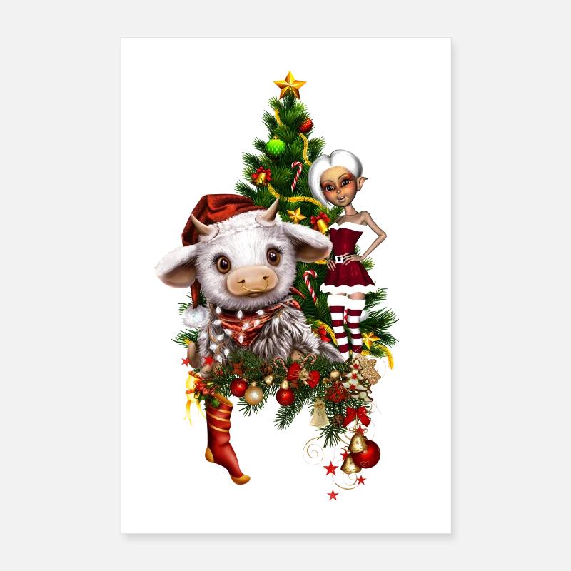Niedliche Weihnachtskuh mit Elf und Weihnachtsbaum Poster 40x60 cm