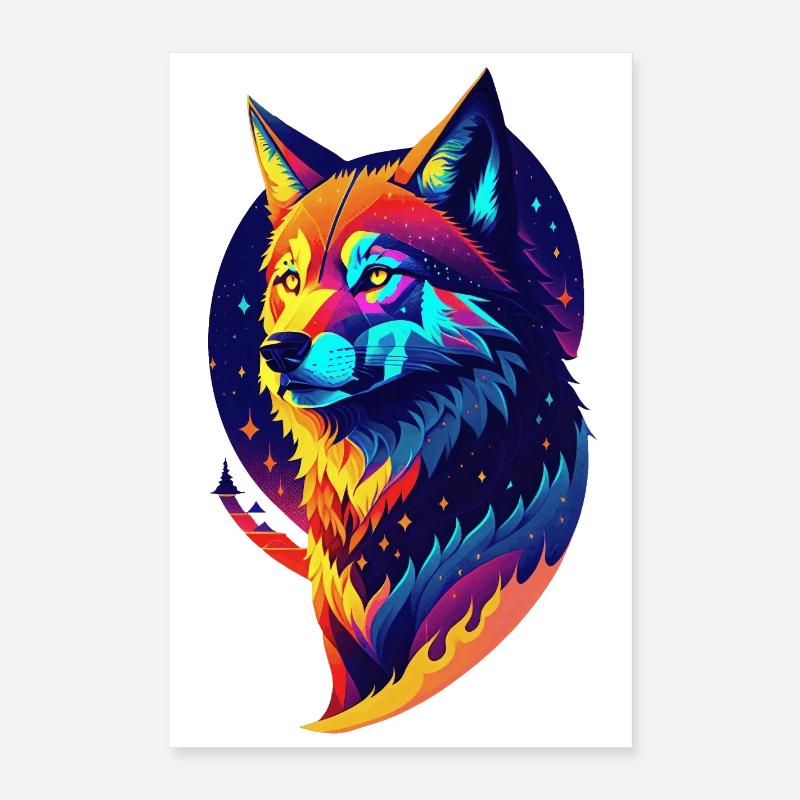 Loup dans la nuit - Décor Multicolore Poster 40 x 60 cm