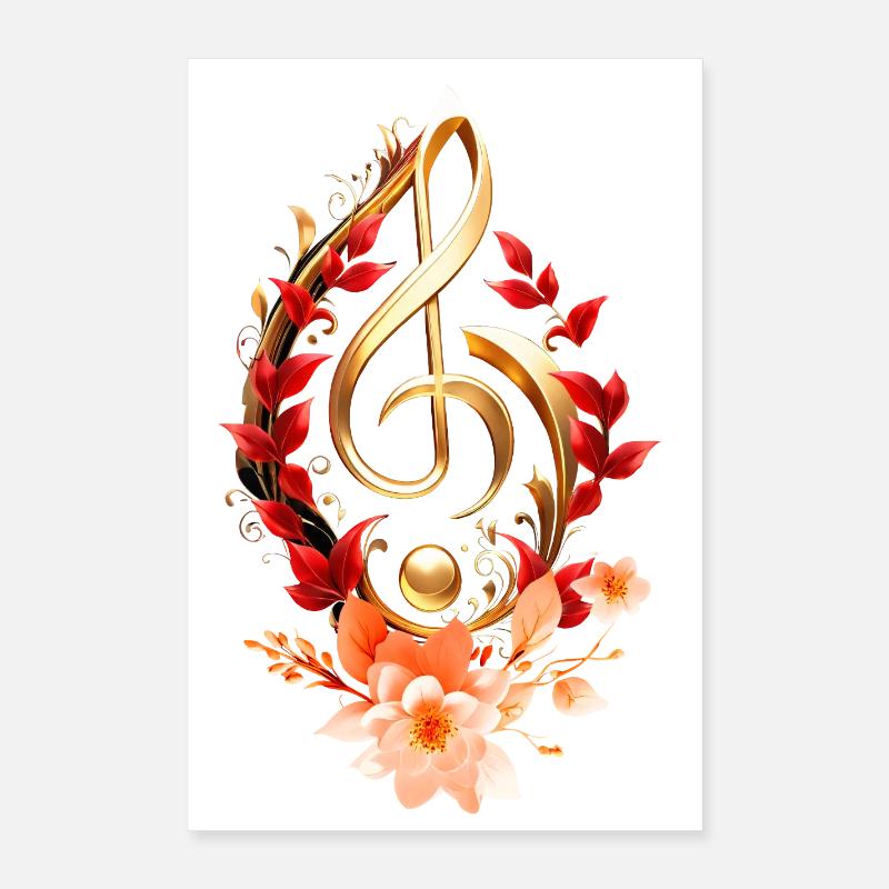 Clé de sol dorée avec des feuilles rouges. Poster 40 x 60 cm