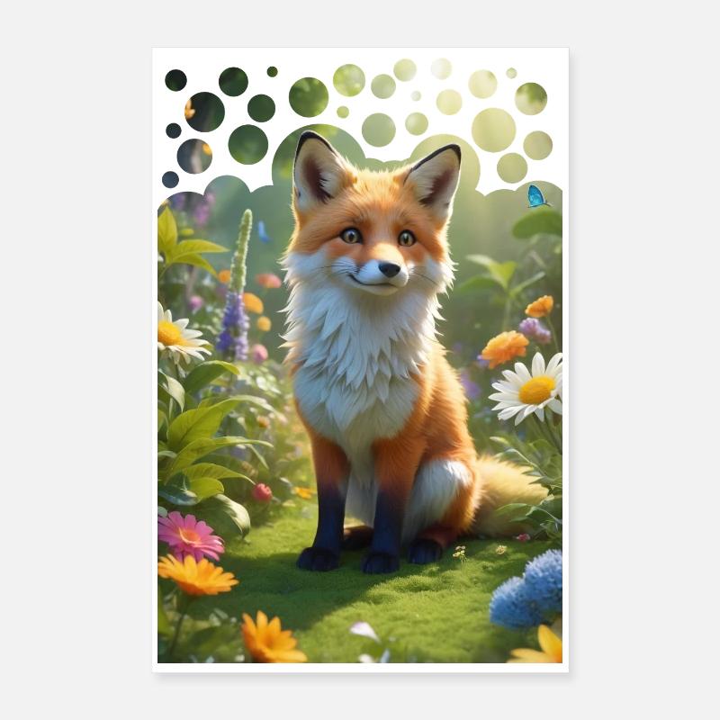 Vilain renard mignon sur une prairie avec des fleurs Poster 40 x 60 cm