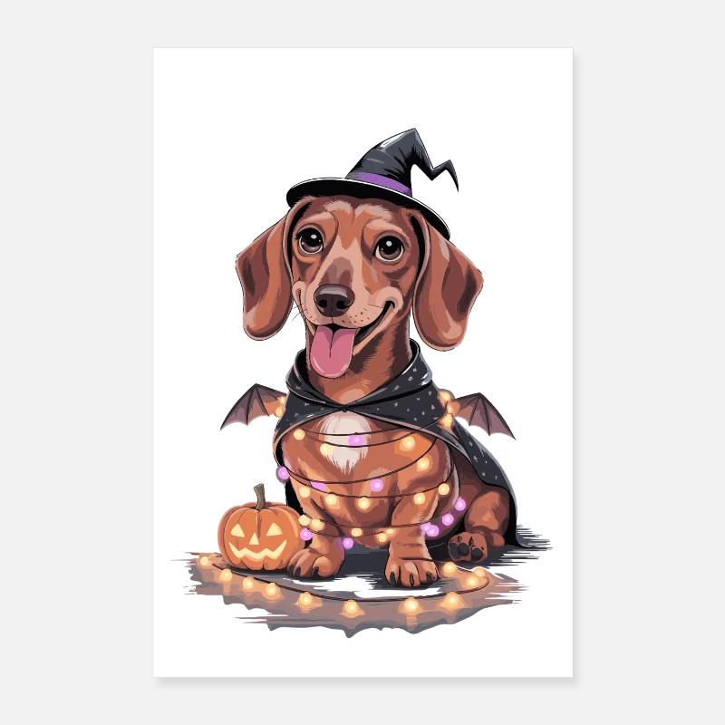 Teckel effrayant d'Halloween avec un chapeau de sorcier Poster 40 x 60 cm