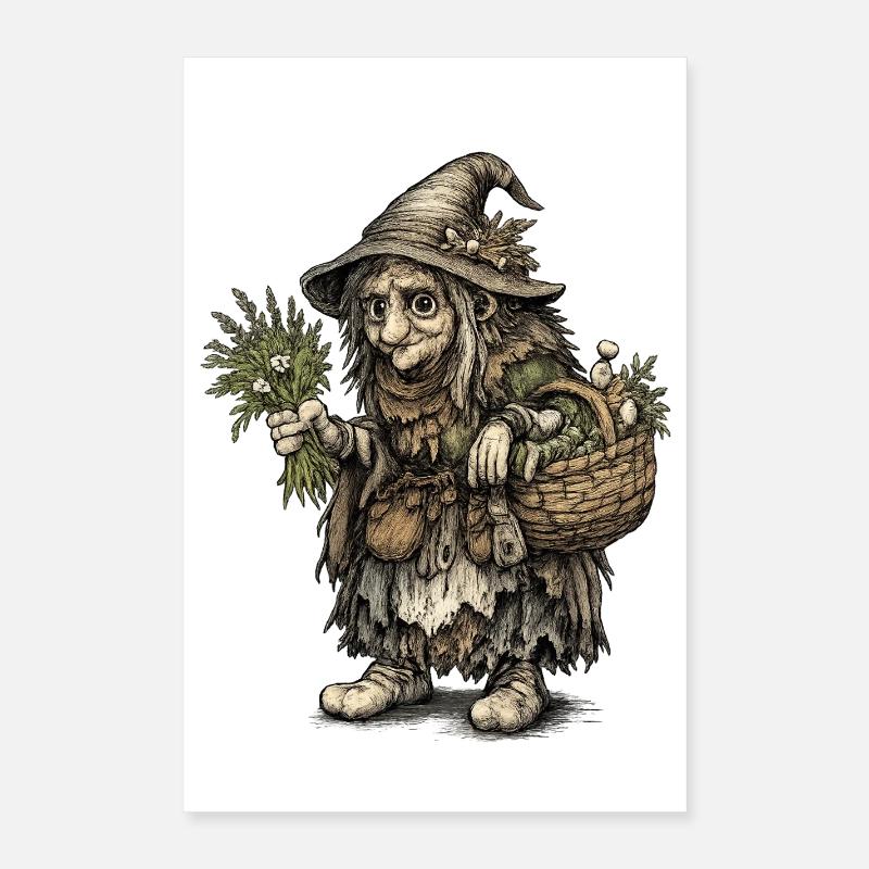 Kräuterhexe | Erntehexe mit Korb und Kräutern Poster 40x60 cm