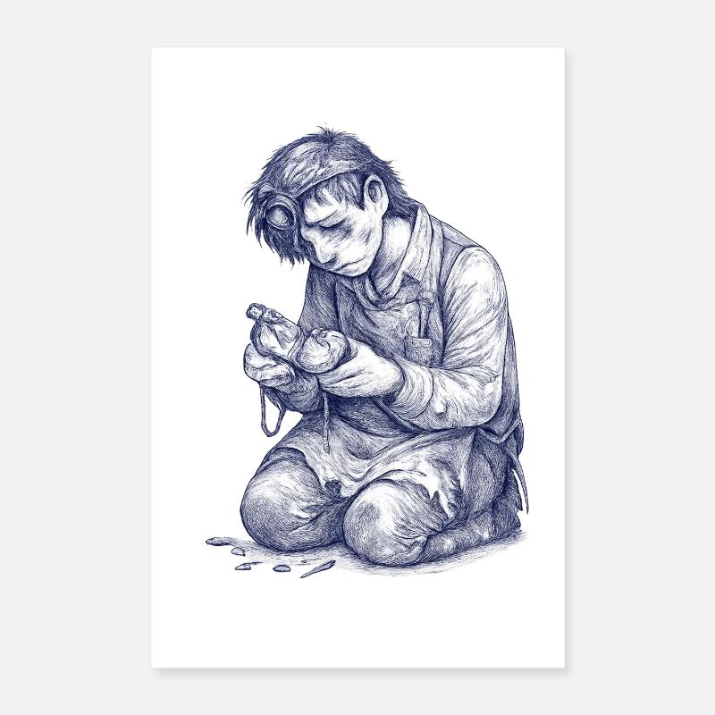 Kneeling Craftsman | Hand Painted Drawing Poster 16" x 24" (40x60 cm)