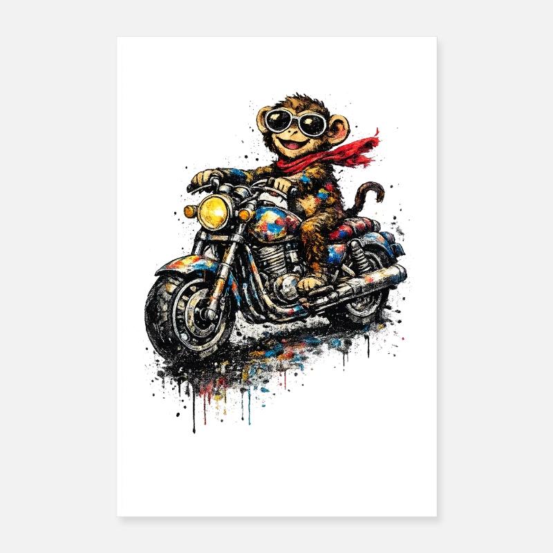 Explosion de couleurs du singe sur une moto Poster 40 x 60 cm