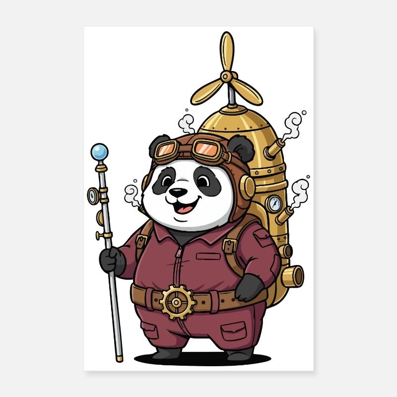 Panda Aviateur Steampunk Propulsion Vapeur Mignon Poster 40 x 60 cm