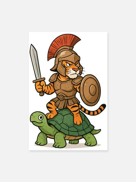 Gladiator Tiger auf Schildkröte - Poster 40x60 cm - Weiß
