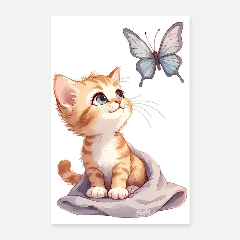 Kawaii Curious Chatten et Papillon 🐱🦋 Poster 40 x 60 cm