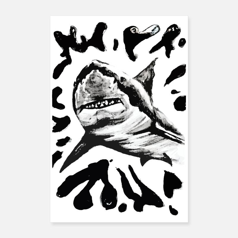 Dessin à l’encre de requin noir et blanc Poster 40 x 60 cm