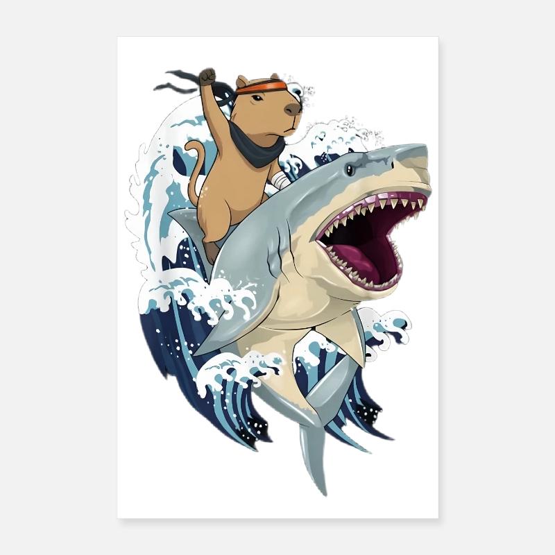 Capybara sur requin Poster 40 x 60 cm