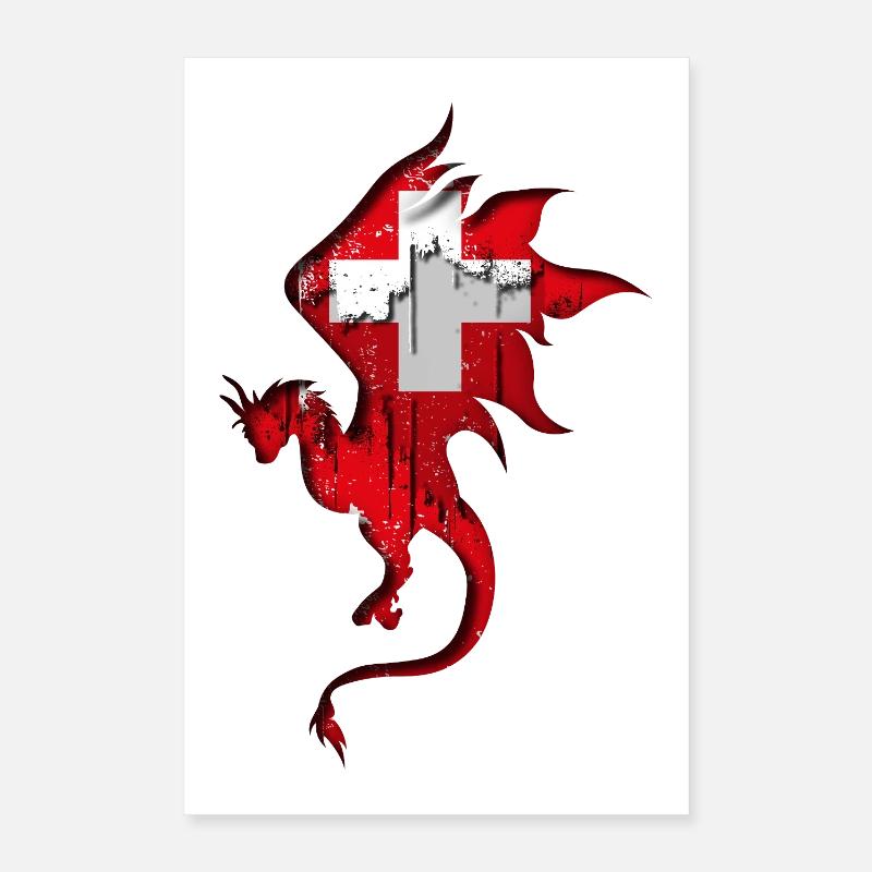 Drapeau de la Suisse - Suisse - Dragon Silhouette Poster 40 x 60 cm