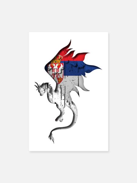 Drapeau de la Serbie - Serbe - Silhouette de dragon - Poster 40 x 60 cm - blanc - Devant