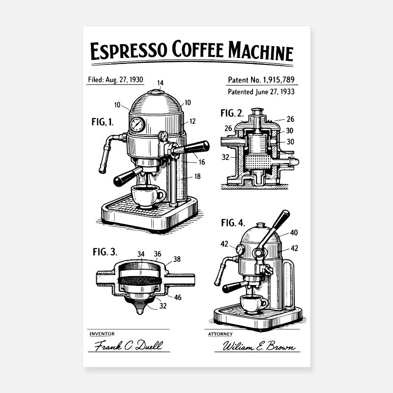 Brevet du plan de la machine à espresso Poster 40 x 60 cm