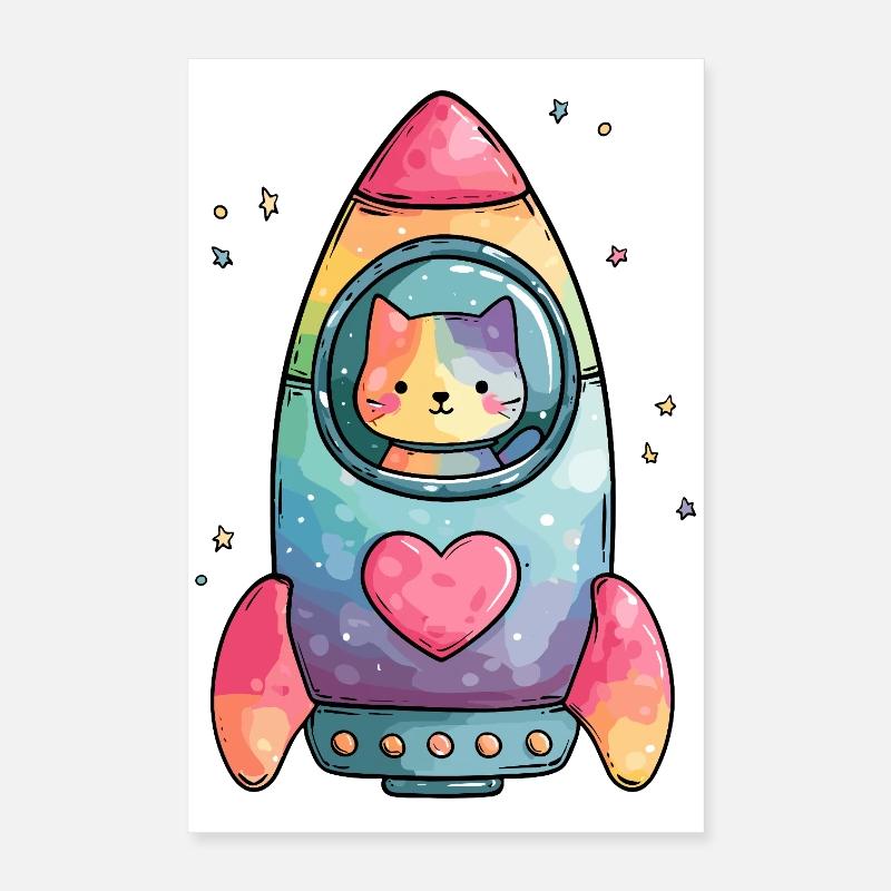 Cœur de Chat Fusée Arc-en-ciel Poster 40 x 60 cm