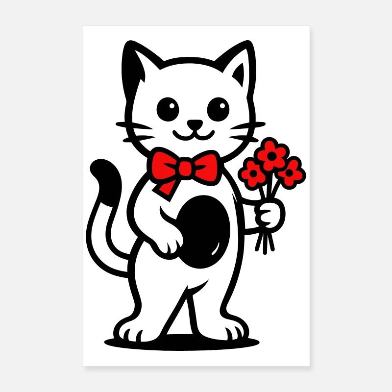 Kawaii Katzenfreund mit roter Schleife Poster 40x60 cm