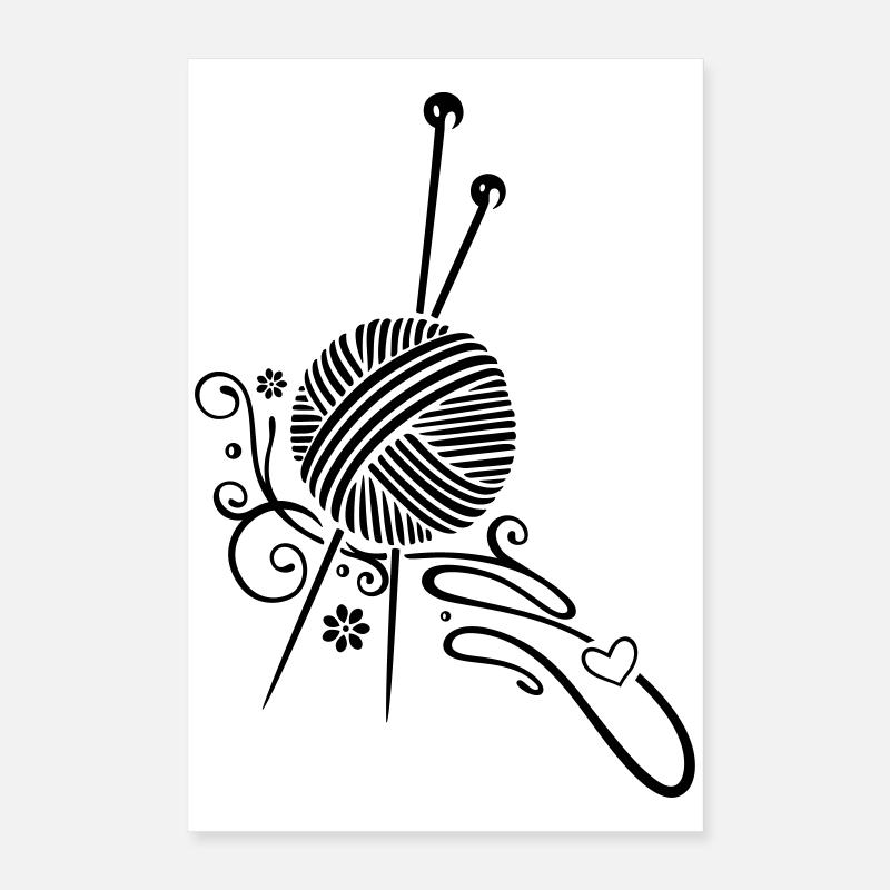Knitting needles with wool and flowers. Poster 16" x 24" (40x60 cm)