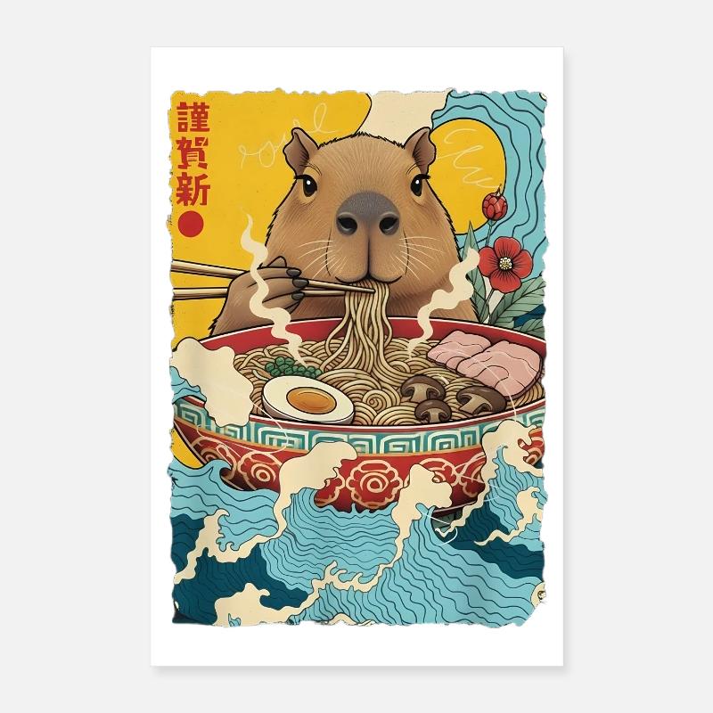 Capybara mange des nouilles ramen Poster 40 x 60 cm