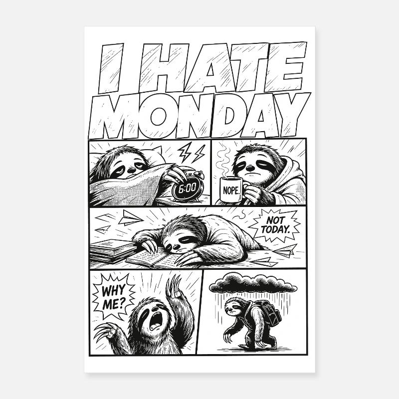 Je déteste Monday Sloth Comic Poster 40 x 60 cm